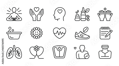 Wellness Icons Set Black Line Art Graphics Collection Healthy Lifestyle Symbols Self Care Mindfulness Meditation Yoga Fitness Exercise
