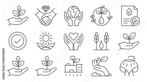 Collection of Black and White Line Art Icons Depicting Environmental Sustainability Corporate Social Responsibility and Ethical Business