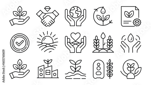 Collection of Black and White Line Art Icons Depicting Environmental Sustainability Corporate Social Responsibility and Ethical Business 6