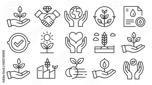 Collection of Black and White Line Art Icons Depicting Environmental Sustainability Corporate Social Responsibility and Ethical Business 5