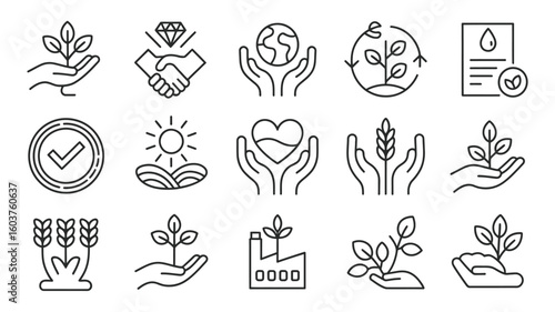Collection of Black and White Line Art Icons Depicting Environmental Sustainability Corporate Social Responsibility Ethical Business Practices 2