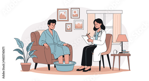 Podiatrist examining patient's foot during medical consultation in a cozy clinic room