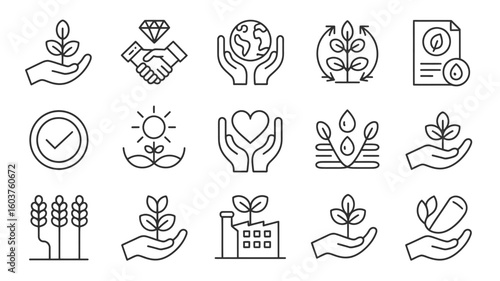 Collection of Black and White Line Art Icons Depicting Environmental Sustainability Corporate Social Responsibility Ethical Business Practices 4