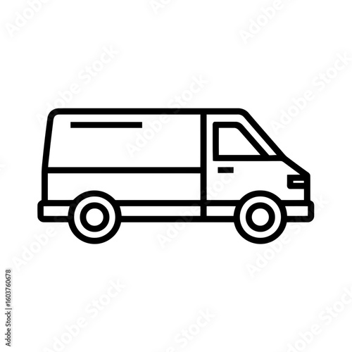 A minimalist line art illustration depicts a delivery van in profile, concept for logistics symbol, transportation icon and service representation.