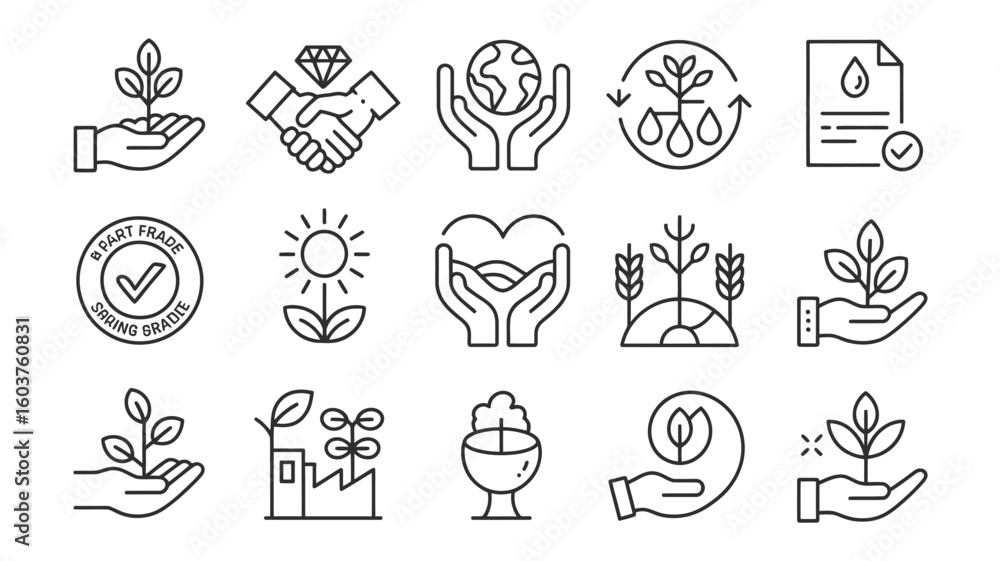Fototapeta premium Collection of Black and White Line Art Icons Depicting Sustainable Practices Fair Trade Environmental Conservation and Growth