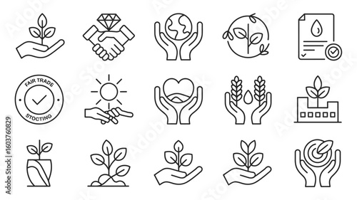 Collection of Black and White Line Art Icons Depicting Sustainable Practices Fair Trade Environmental Conservation and Corporate Social