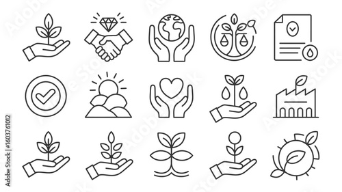 Collection of Black Line Icons Depicting Environmental Sustainability Corporate Social Responsibility Ethical Business Practices and