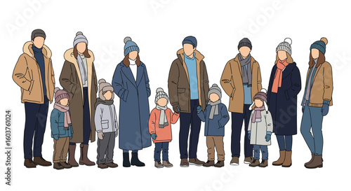 A diverse group of people dressed in warm winter clothing standing together in a line during a cold season showing family togetherness and winter activities