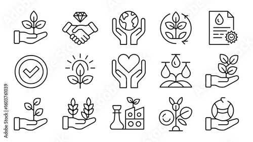Collection of Black Line Icons Depicting Sustainability Corporate Social Responsibility Environmental Protection and Ethical Business Practices 1