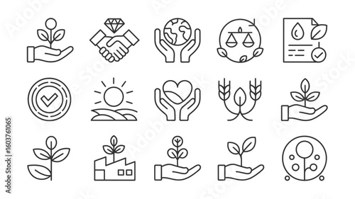 Collection of Black Line Icons Depicting Sustainability Corporate Social Responsibility Ethical Business Practices Environmental Protection