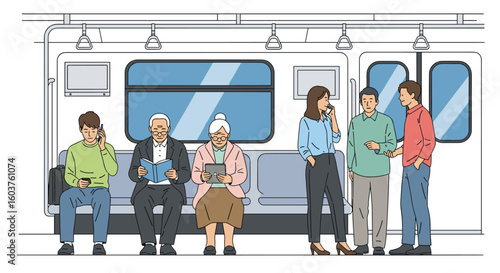 Diverse group of people riding the subway train together observing their own activities