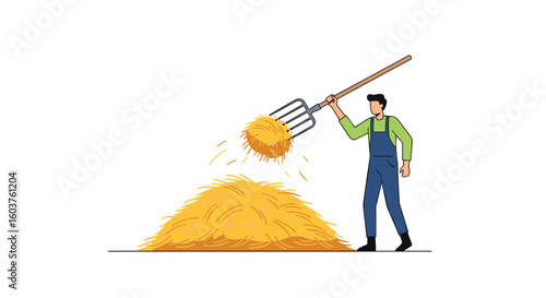 Farmer carefully using pitchfork to add more hay to a large pile on a sunny day