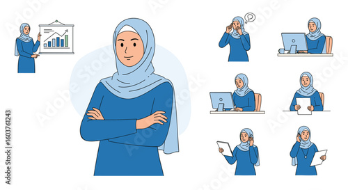 Diverse businesswoman in hijab demonstrates professionalism and confidence in various office scenarios