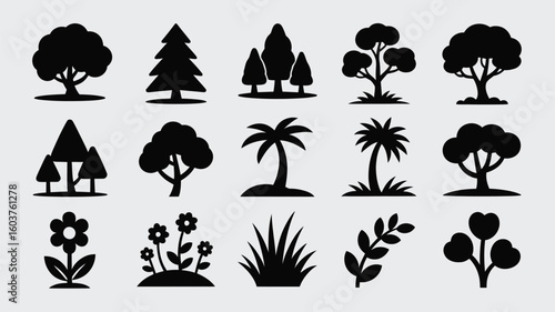 Collection of Black Silhouette Icons Depicting Various Trees Plants and Flowers Including Deciduous Trees Coniferous Trees Palm Trees Flower