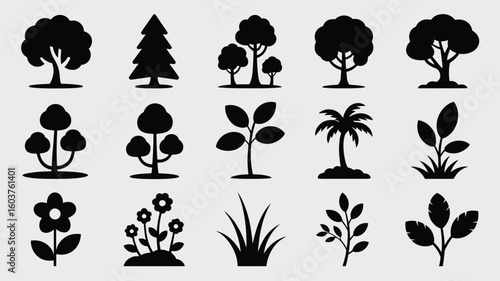Collection of Black Silhouette Icons Depicting Various Trees Plants Flowers and Grass Against a Light Gray Background Simple Vector Graphics