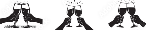 Set of Clinking Champagne Glasses with Hands. Toasting and Celebration Icons for Parties, Events, and Success