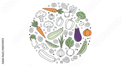 A circular arrangement of fresh healthy vegetables and organic produce in a whimsical doodle style