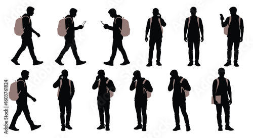Collection of diverse silhouette poses featuring individuals with backpacks engaged in various activities including walking and phone usage
