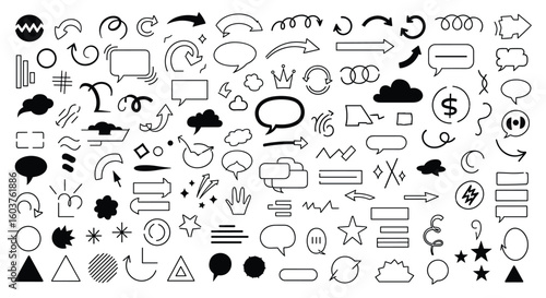 Collection of diverse hand drawn arrows speech bubbles symbols and geometric shapes for design projects