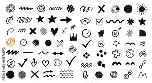 A diverse collection of hand drawn graphic elements and symbols for visual enhancement