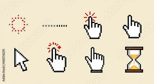 Pixelated cursor collection for retro gaming or web design projects, digital age nostalgia and fun
