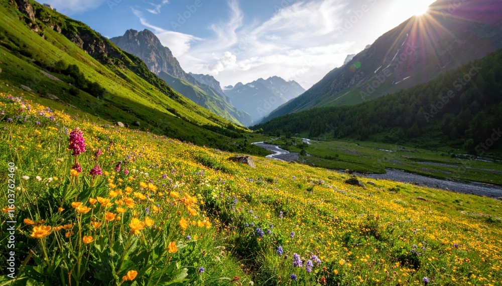 Mountain Meadow Bloom in Sunlight with Majestic Peaks Mountain Meadow Bloom in Sunlight with Majestic Peaks