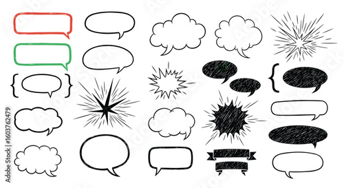 Collection of various hand drawn speech bubbles and explosion effects for creative design projects