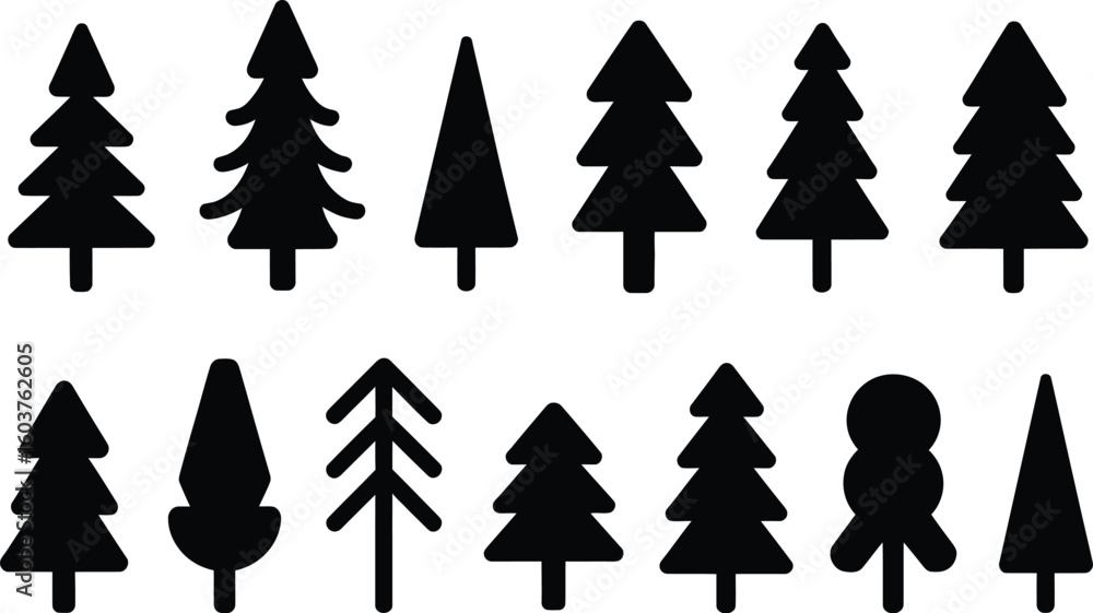 Fototapeta premium Merry Christmas and happy new year collection of fir trees black and white design simple signs 