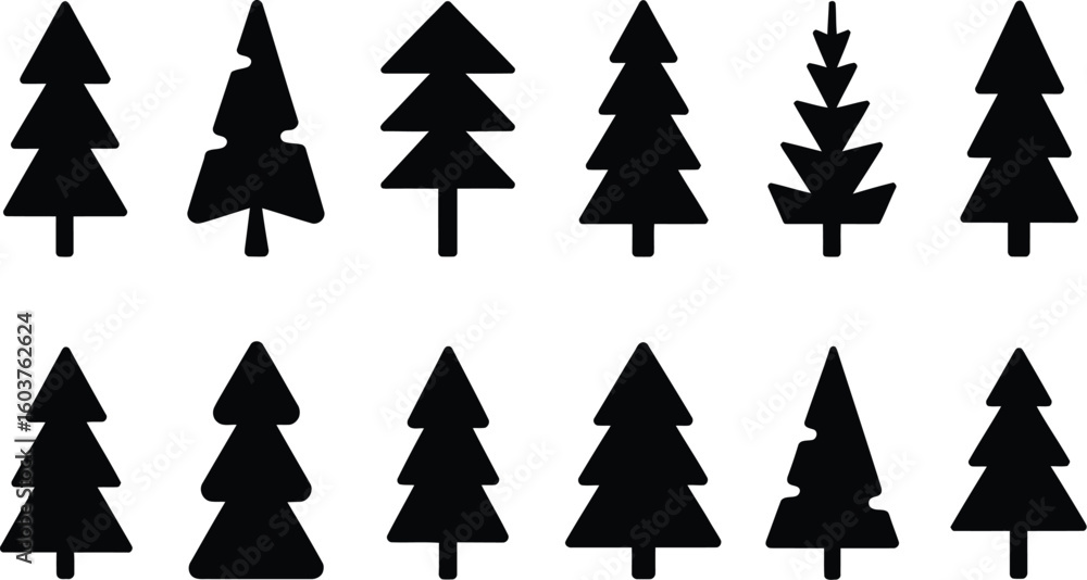 Obraz premium Merry Christmas and happy new year collection of fir trees black and white design simple signs