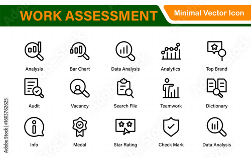 Work Assessment Icons. Features audit documents, profit-loss statements, budget reviews, compliance checks, and accounting dashboards.