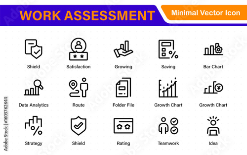 Work Assessment Icons. Features audit documents, profit-loss statements, budget reviews, compliance checks, and accounting dashboards.