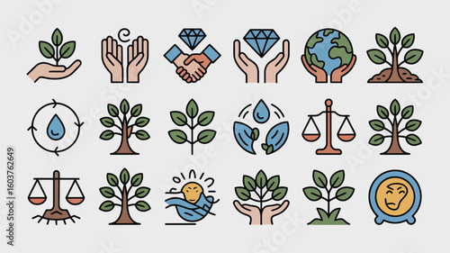 Collection of Colorful Line Icons Representing Environmental Sustainability Corporate Social Responsibility Ethical Business Practices and