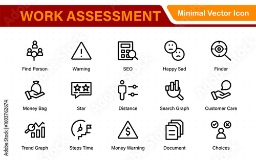 Work Assessment Icons. Features audit documents, profit-loss statements, budget reviews, compliance checks, and accounting dashboards.