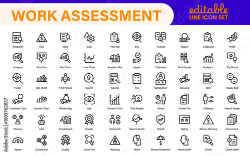 Work Assessment Icons. Features audit documents, profit-loss statements, budget reviews, compliance checks, and accounting dashboards.