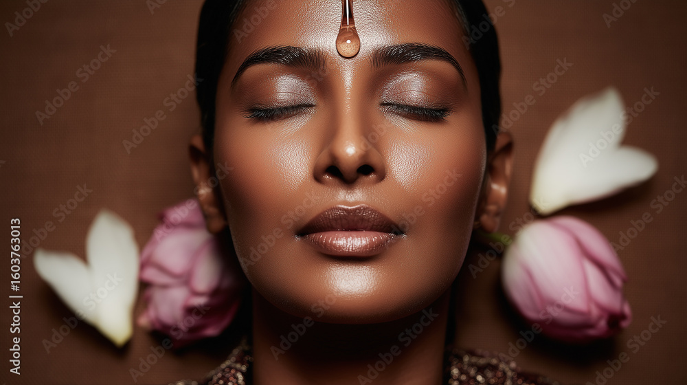 Fototapeta premium Shirodhara ayurveda spa treatment with serene woman receiving warm oil therapy on forehead. Traditional holistic wellness meditation with lotus flowers in peaceful atmosphere.
