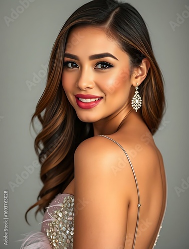 Graceful woman with wavy shoulder-length hair and a warm complexion, radiating natural beauty, confidence, and elegance in a soft, contemporary portrait style