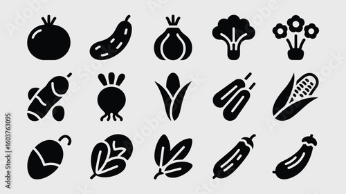 Collection of sixteen black glyph vegetable icons tomato cucumber garlic broccoli flower radish corn cob eggplant beet leaves