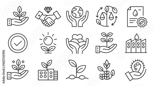 Collection of sixteen black and white line art icons depicting environmental sustainability corporate social responsibility ethical business