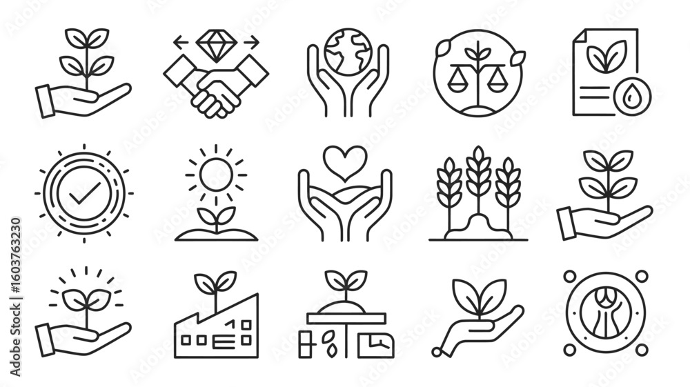 Fototapeta premium Collection of sixteen black line art icons depicting sustainable development concepts including hands holding plants earth a diamond handshake