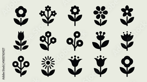 Collection of Sixteen Black Silhouette Flower Icons Simple Floral Designs Botanical Elements Minimalist Vector Graphics Set of Flat Style