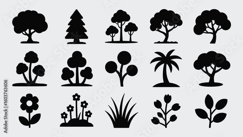 Collection of Sixteen Black Silhouette Icons Depicting Various Trees Flowers and Grass Including Deciduous Trees Coniferous Trees Palm Trees