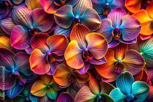 Vibrant abstract orchid petals displaying a spectrum of psychedelic rainbow colors