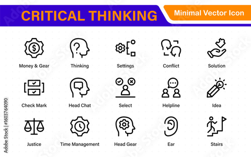 Critical Thinking Line Icons: Analyze, Reason, Decide. Problem-Solving, Logic, Facts, Rational Mind, Decision Making, Strategy, Collection, Thought Process, and more.