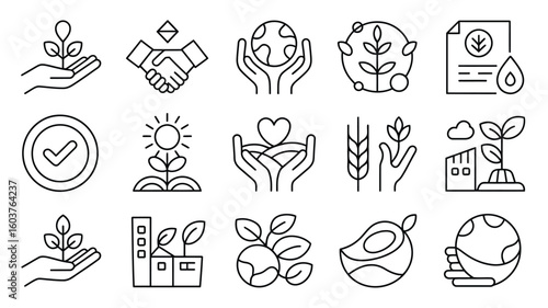 Collection of sixteen monochrome line art icons depicting environmental sustainability concepts including hands holding plants earth and a