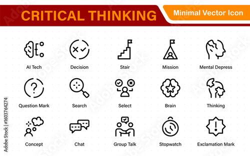 Critical Thinking Line Icons: Analyze, Reason, Decide. Problem-Solving, Logic, Facts, Rational Mind, Decision Making, Strategy, Collection, Thought Process, and more.