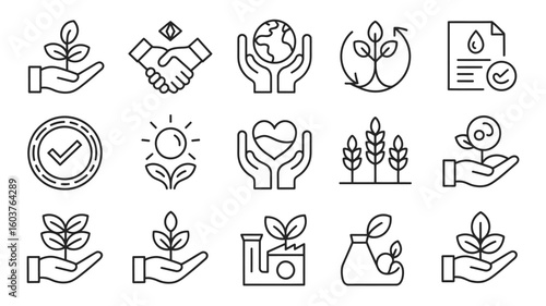 Collection of sixteen monochrome line art icons depicting environmental sustainability corporate social responsibility and ethical business