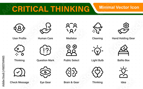 Critical Thinking Line Icons: Analyze, Reason, Decide. Problem-Solving, Logic, Facts, Rational Mind, Decision Making, Strategy, Collection, Thought Process, and more.