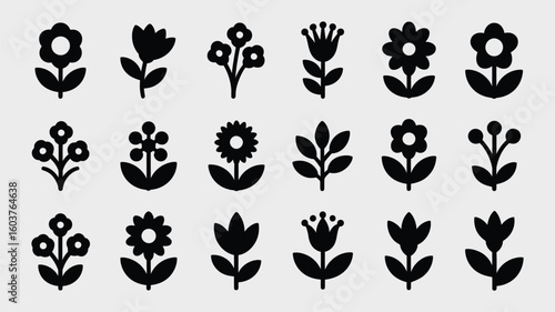 Collection of Twenty Black Silhouettes of Various Flowers and Floral Designs on a Light Gray Background Simple Flat Style Botanical Icons