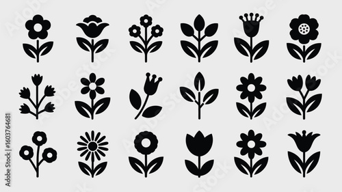 Collection of Twenty Black Silhouettes of Various Flowers and Floral Designs Simple Flat Style Botanical Icons Isolated on Light Gray Background