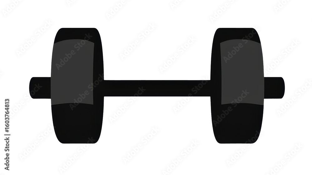 Black silhouette of dumbbell with simple design, featuring two round weights connected by straight bar Black silhouette of dumbbell with simple design, featuring two round weights connected by straight bar